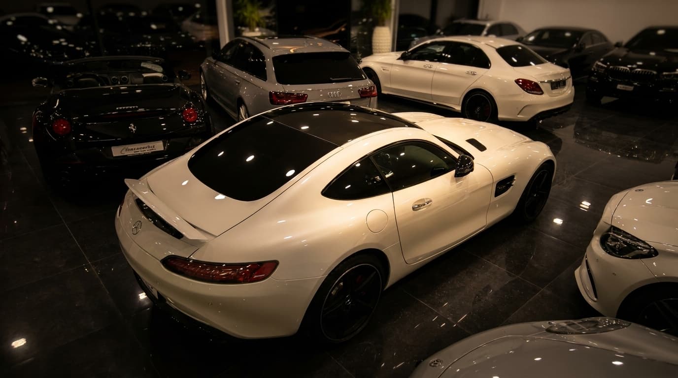 Weisser Mercedes-AMG GT mit schwarzem Dach von oben im Showroom von Sternenfeld Autocenter, Birsfelden