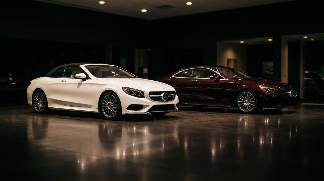 Weisses Mercedes-S-Klasse Cabriolet neben weinrotem S-Klasse Coupé im Showroom von Sternenfeld Autocenter, Birsfelden