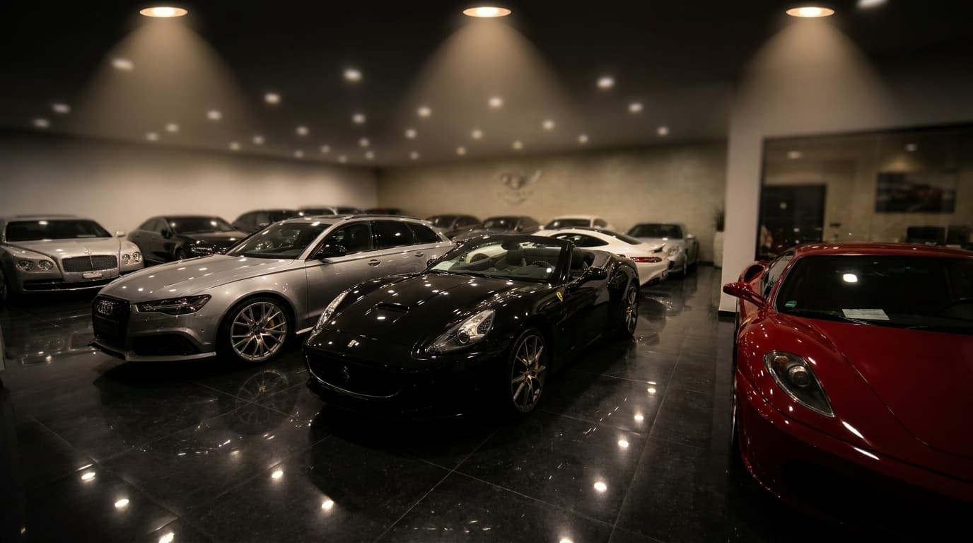 Mercedes-AMG GT, Bentley und Ferrari Seite an Seite im Showroom von Sternenfeld Autocenter in Birsfelden
