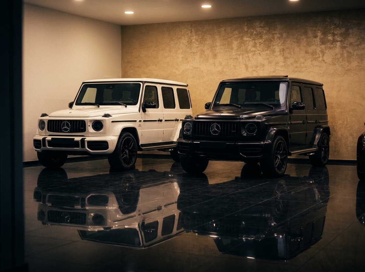 Weisser und schwarzer Mercedes-AMG G-Klasse vor der Kalksteinwand im Showroom von Sternenfeld Autocenter Birsfelden
