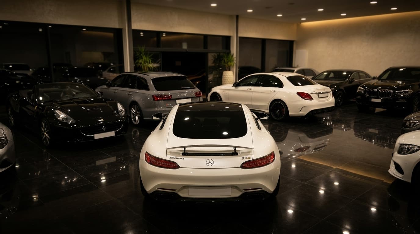 Weisser Mercedes-AMG GT im Showroom von Sternenfeld Autocenter, Birsfelden