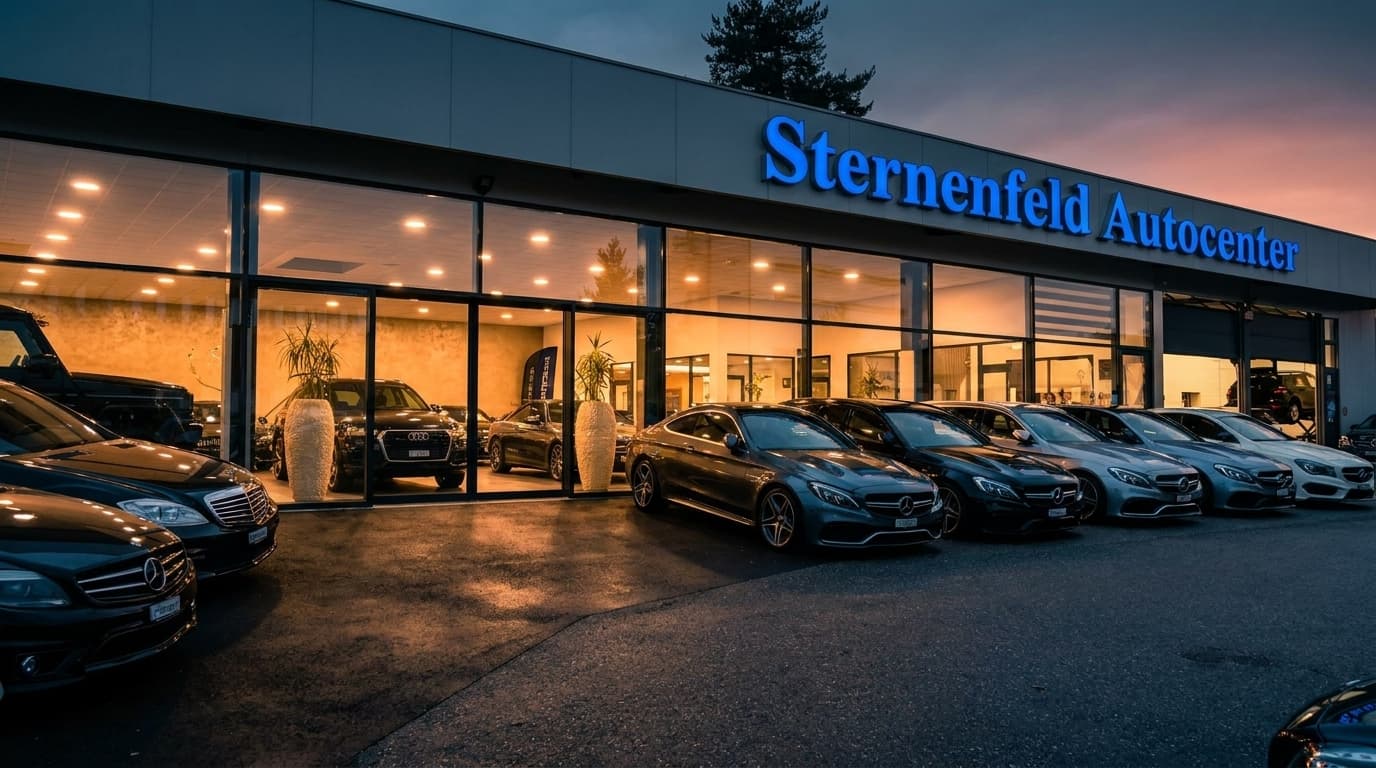 Aussenansicht von Sternenfeld Autocenter in Birsfelden bei Basel mit beleuchtetem Schriftzug und Mercedes-AMG-Reihe in der blauen Stunde