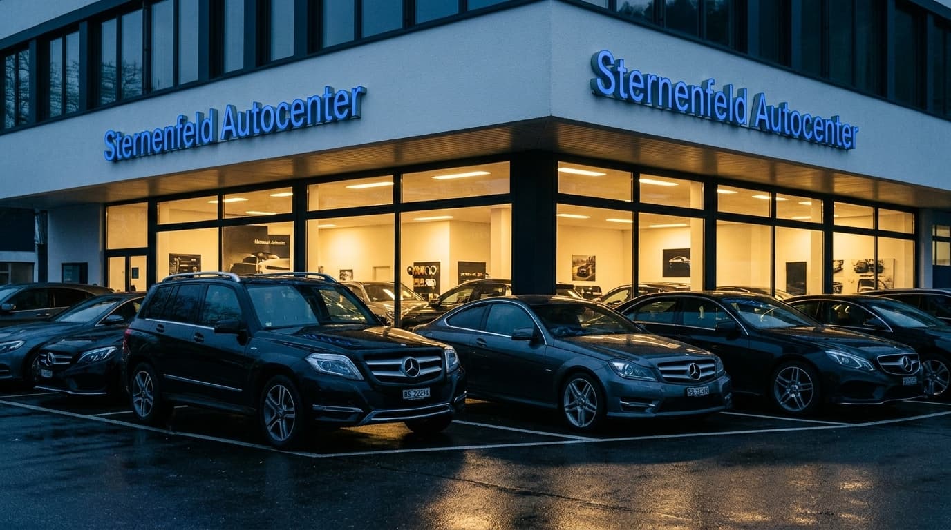 Sternenfeld Autocenter in Birsfelden zur Dämmerung mit beleuchtetem Schriftzug und Mercedes-AMG-Reihe