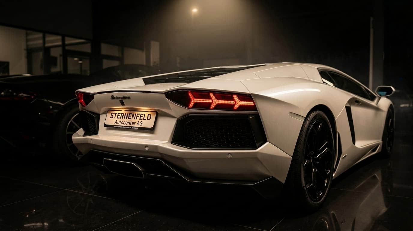 Weisser Lamborghini Aventador mit eigenem STERNENFELD Autocenter AG-Kennzeichen im nächtlichen Showroom in Birsfelden bei Basel