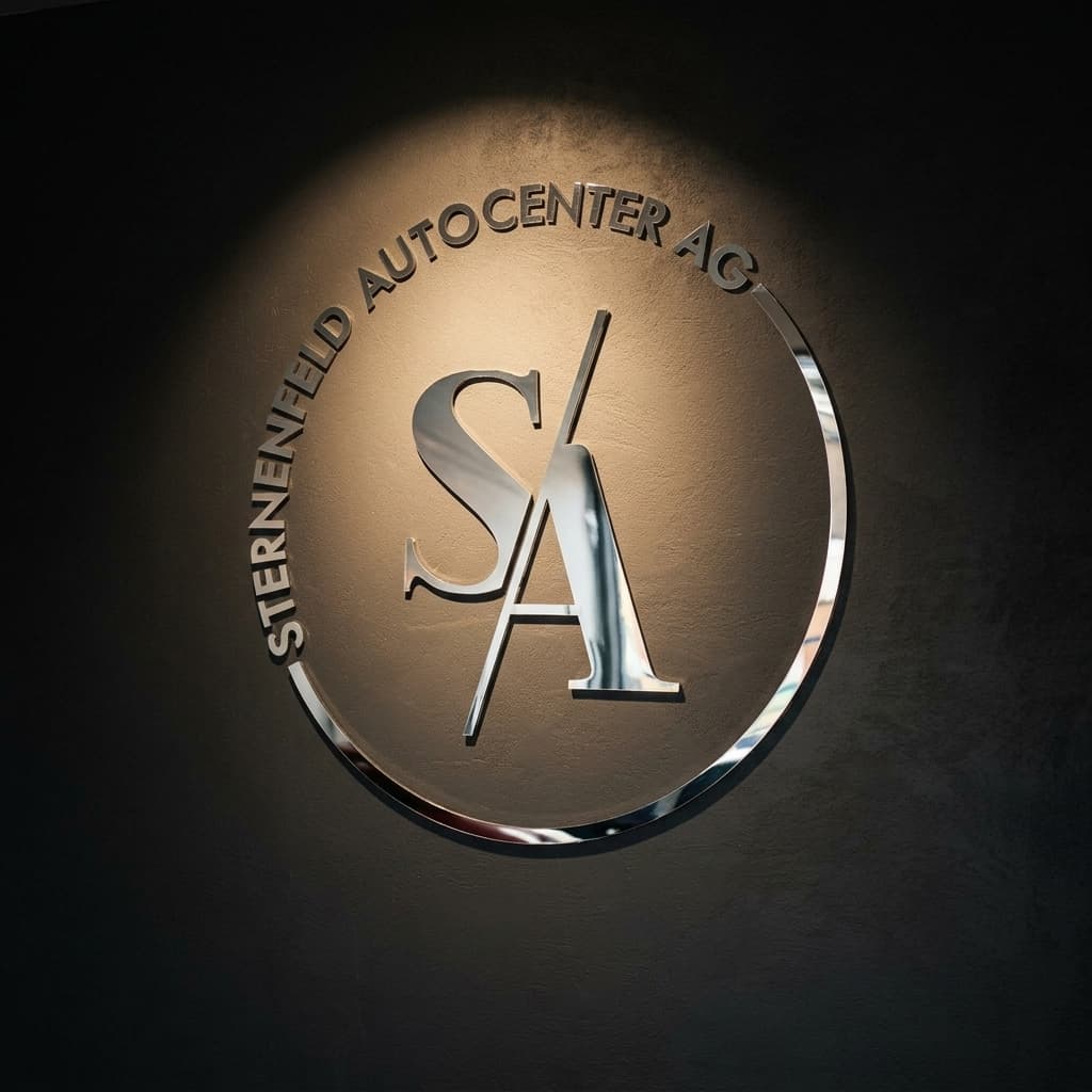 Das gravierte SA-Monogramm von Sternenfeld Autocenter AG an der Showroom-Wand in Birsfelden, gegründet 1997