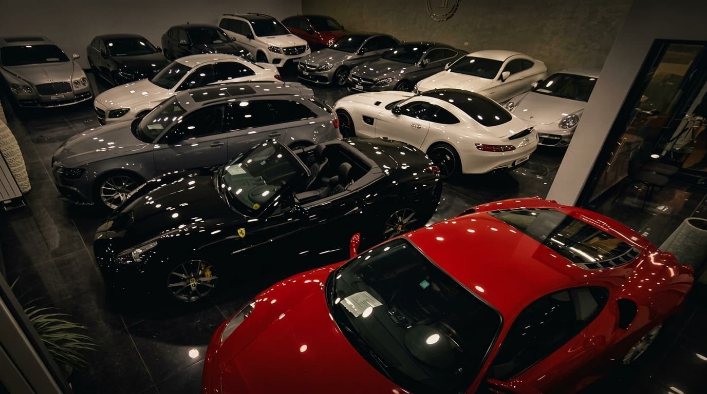 Roter Ferrari, schwarzes Ferrari California Cabrio und Mercedes-AMG GT von oben im Showroom von Sternenfeld Autocenter, Birsfelden