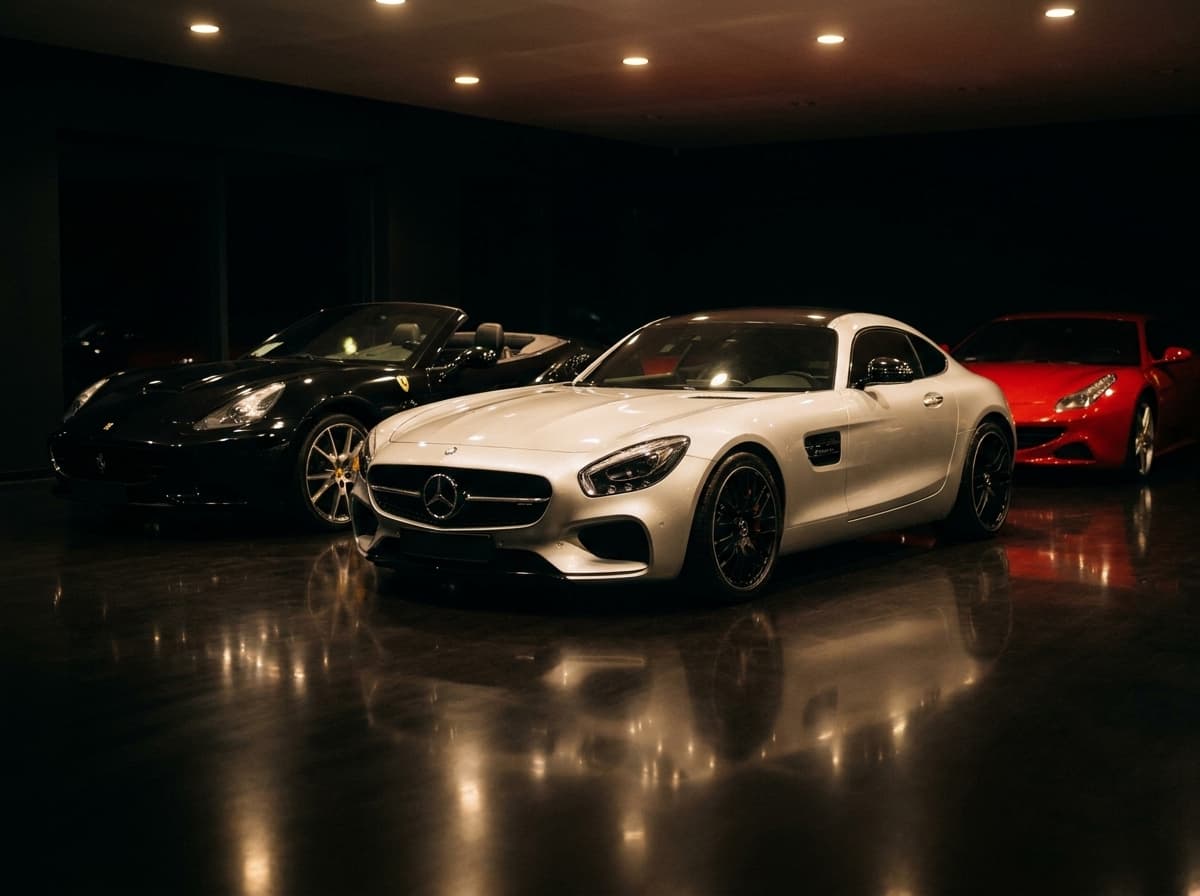 Silberner Mercedes-AMG GT neben schwarzem Ferrari California im Showroom Noir von Sternenfeld Autocenter